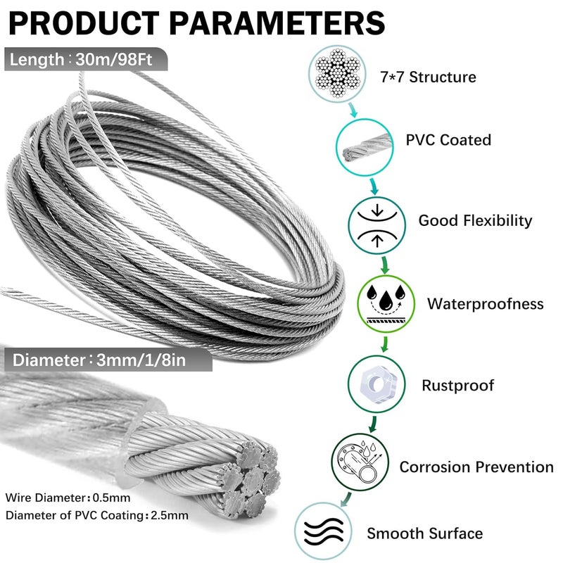 NVAAV 1/8" Metal Curtain Wire Hanging System, 100ft 7×7 Strands 304 Stainless Steel Vinyl Coated Tension Cable, Turnbuckles for Guy Wire Kit, Clothesline, Plant Climbing Rope, (Storage Bag Not Included) - Image 3